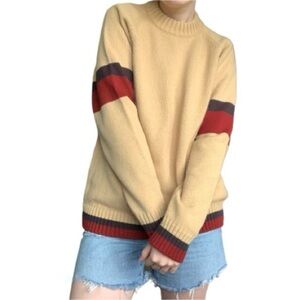 Italian Wool Blend Pullover Sweater Beige Red with Red/Navy Stripes - Size L